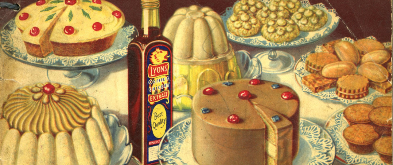 A painting of a Lyon's coffee and chicory bottle on a table with baked treats and cakes.