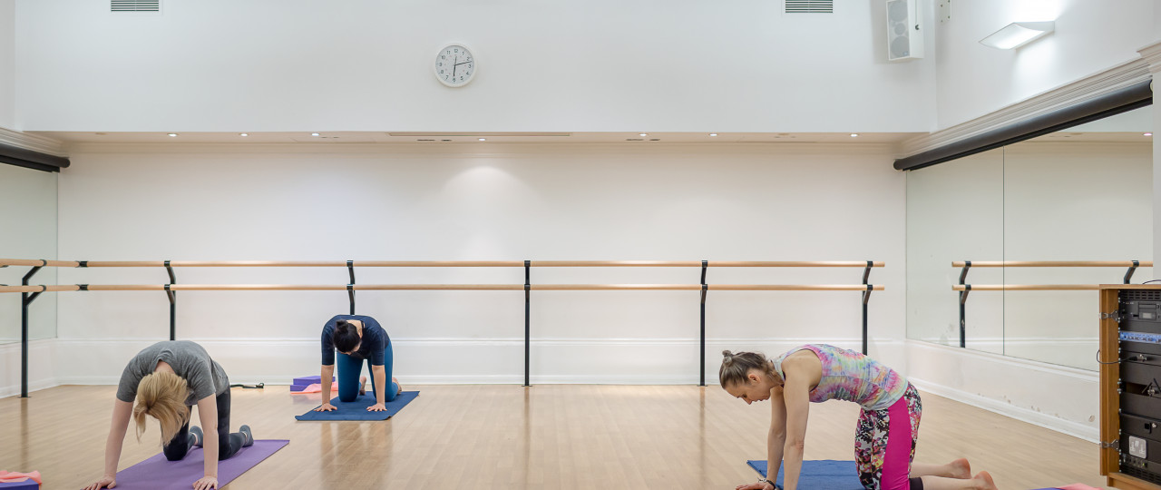 A Pilates class at Bishopsgate Institute. Students and a tutor are in a large studio with ballet bars in the background. Students and a tutor are on hands and knees whilst arching their back besides a yoga mat. There are also yoga bands and cushions in the room.